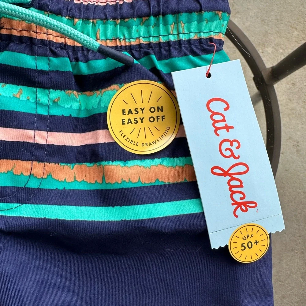 Cat & Jack Striped Swim Trunks in Navy Blue/Green/Peach - Size 2T